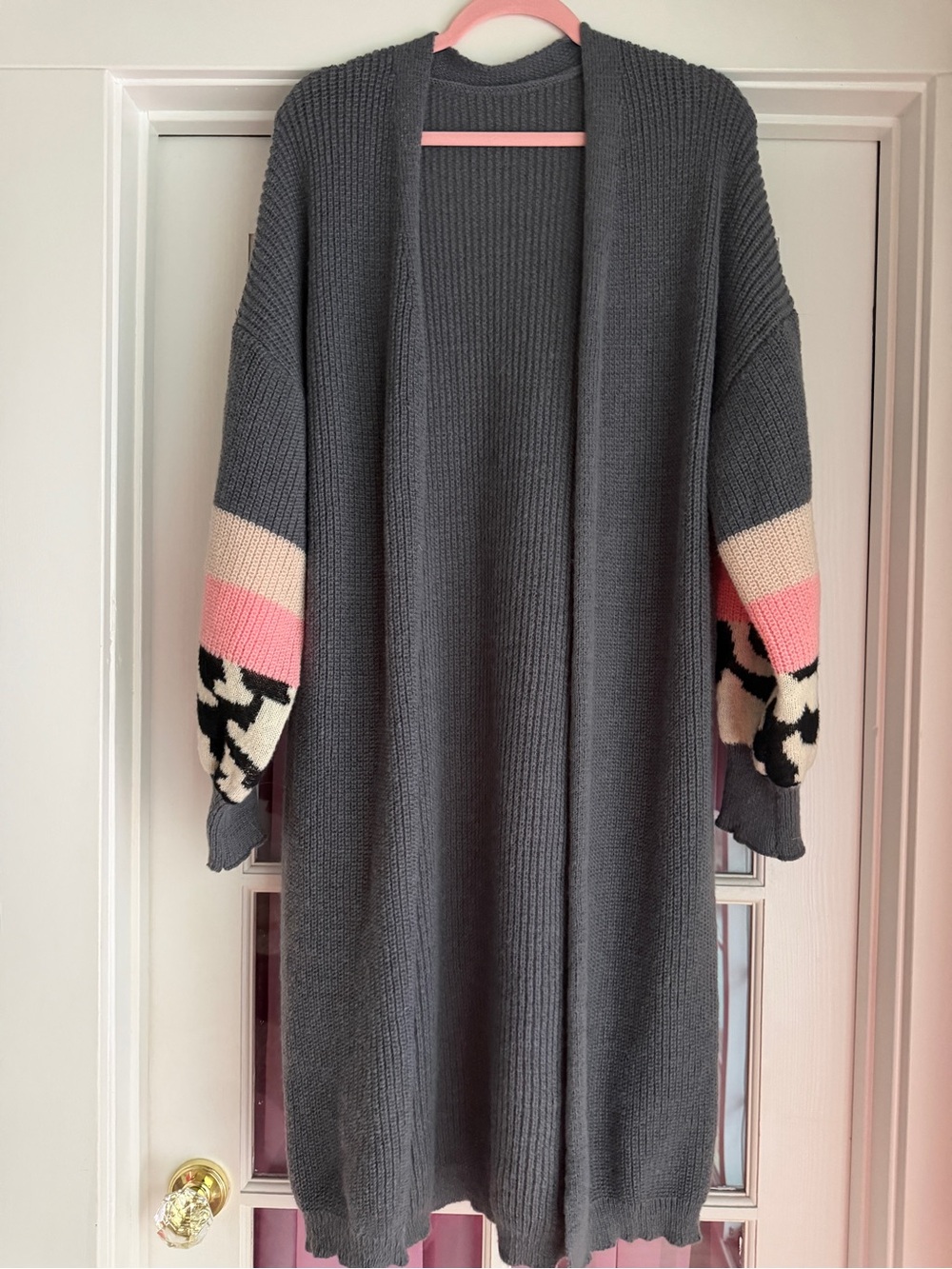 SHEIN Charcoal Open-Front Cardigan with Pink and Cream Sleeve Accents